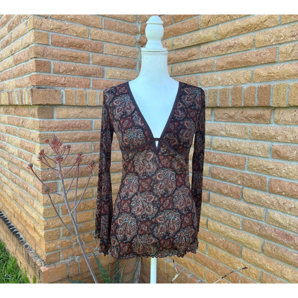 Max & Mia Paisley Mesh Top Womens Medium Brown V-Neck Bell Sleeve Good Condition